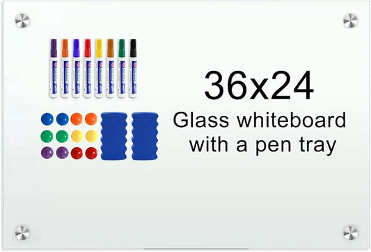 H-Qprobd Glass Magnetic Dry Erase Whiteboard 36"x24" for Wall, Frameless White Board, Includes 12 Magnets, 8 Markers and 2 Erasers