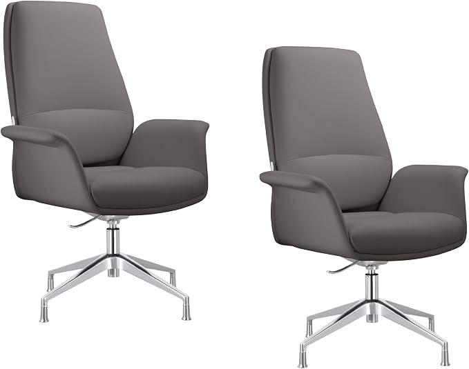 LeisureMod Mid-Century Modern Swivel Office Chair, Adjustable Height with Faux Leather Seat and Aluminum Frame (Grey, Set of 2)