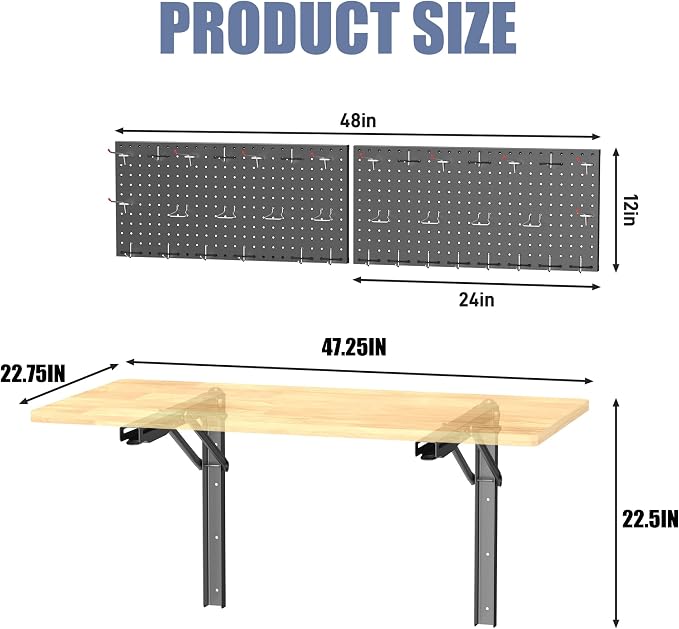 WALMANN Space Saving Wall Mounted Folding Workbench with Pegboard Kit, Heavy Duty Folding Wall Table/Desk for Garage, Workshop, Holds Up to 550 lbs(Tabletop Size: 47.25 x 22.75 in)