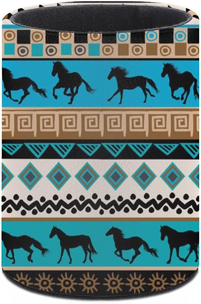 Tribal Aztec Horse Pen Holder for Desk PU Pencil Cup Organizer | Round Desks Makeup Brush Holder for School Multifunctional Office Supplies