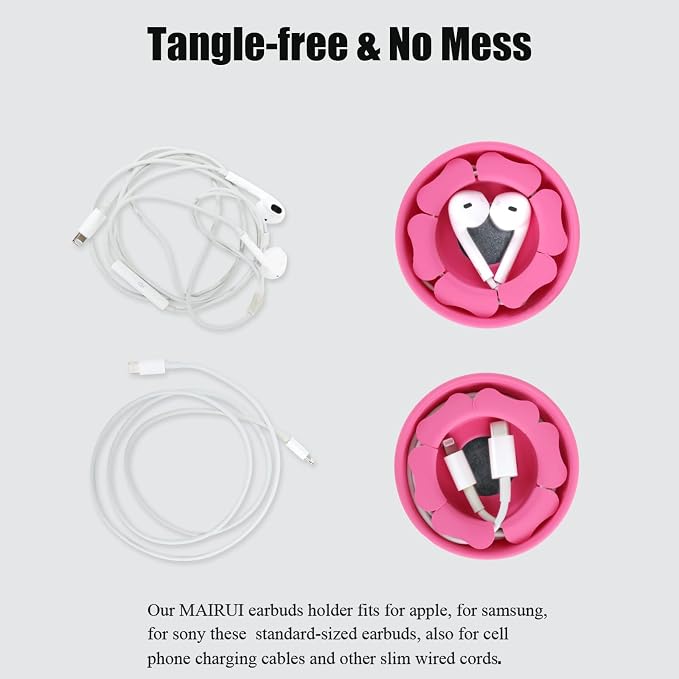 MAIRUI Wired Earbud Case Earphone Headphone Cord Organizer Earbuds Wrap Soft Silicone Magnetic Holder Storage Tangle Free Cable Winder(Rose Pink)