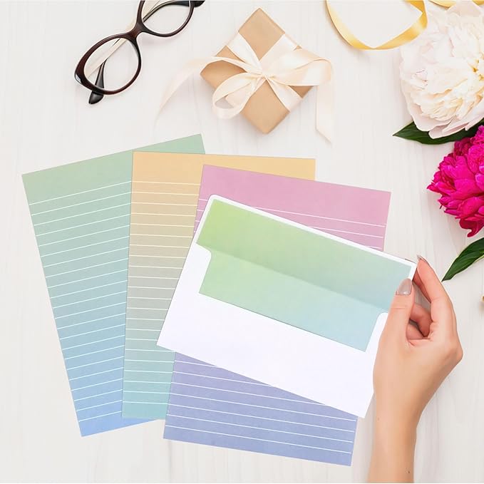 Watercolor Stationery Set with Envelopes, 16 Lined Paper Sheets + 8 Envelopes, Gradient Colors Stationery Paper for Writing Letter Poems Invitations Best Wishes