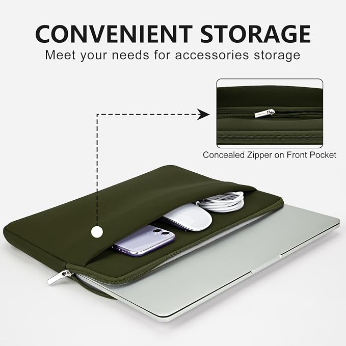 Laptop Sleeve Bag Compatible with 15 to 16 inches MacBook HP Dell Asus Acer Protective Case with Front Pocket Padded Computer Pouch Cover Protective for 15” to 16” Laptop, Green