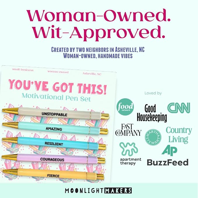 Moonlight Makers Funny Pens — Cute Motivational Pens with Sayings and Affirmations, Black Ink Ballpoint Pens, Office Desk Accessories for Women, Coworkers, Friends, Gift Ideas, Set of 5, You Got This