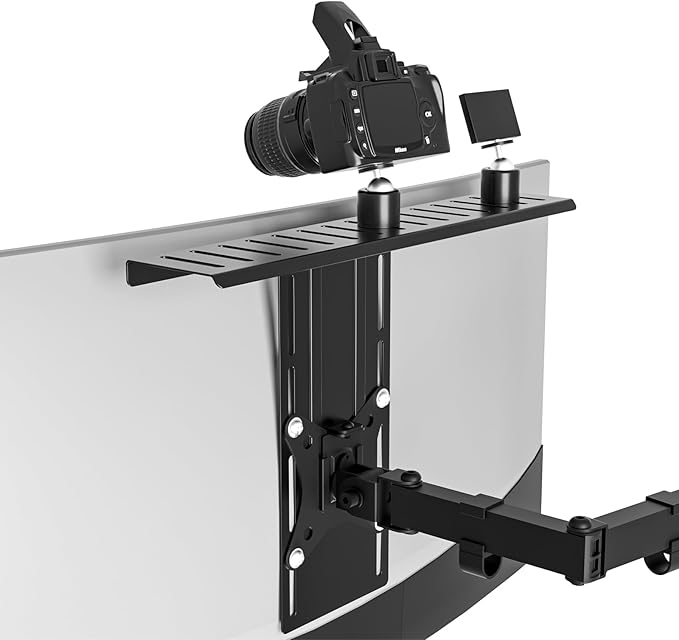 16 inch VESA Monitor Mount Shelf for Streaming - Holds Cameras, Webcams, Microphones & Lights, Height Adjustable, Fits 100×100 mm VESA Pattern, All-in-One Design (Black)