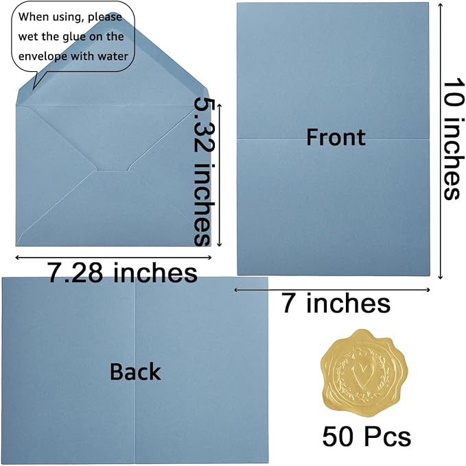 50 Pack Dusty Blue A7 Envelopes with Cards and Gold Stickers, 5x7 | With Thick Folded Cardstock, For Greeting Cards, Wedding, Birthday, Invitations, Baby Showers