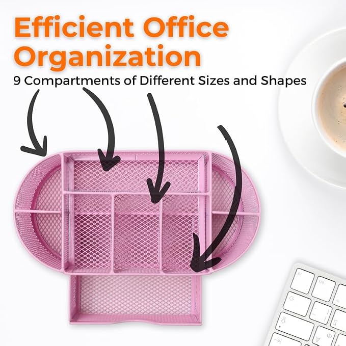 Modern Minimalist 9-Compartment Pink Desk Organizer - Pen Holder with Drawer Tray - Office Supplies Organizer