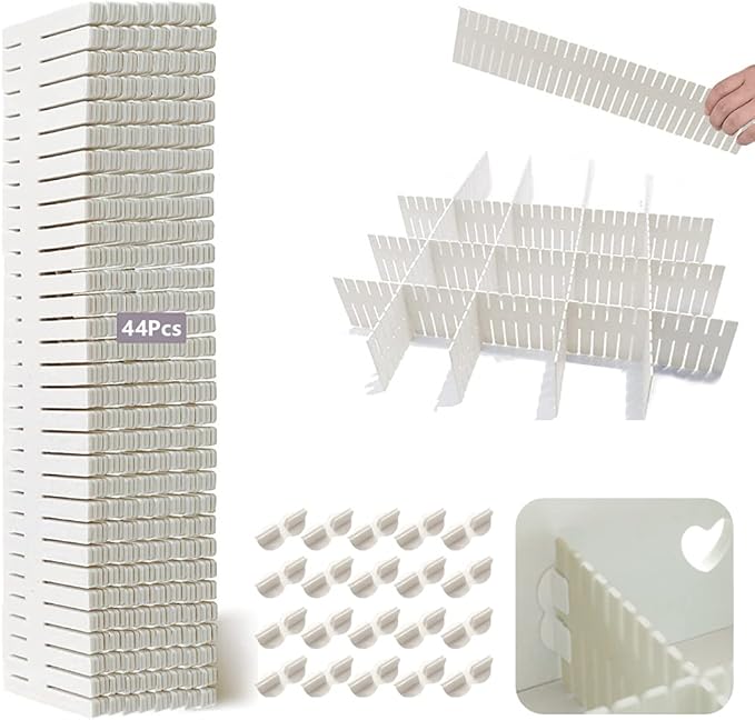 44Pcs Drawer Dividers with Fixing Buckle, Adjustable Drawer Organizer Storage Separator for Clothes, Cutlery, Socks, Underwear, Makeup, Dresser, Kitchen, Bedroom, Office, Bathroom, 14.5 * 2.75in