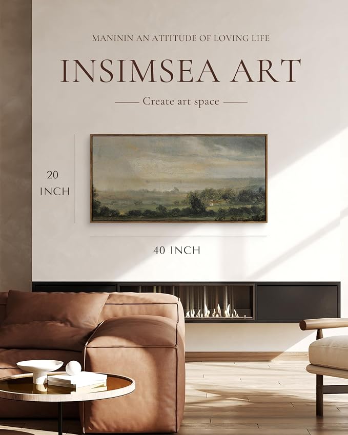 InSimSea Extra Large Framed Vintage Wall Art, Living Room Country Farmhouse Decor, Wild Field under Sky Landscape Paintings, Canvas Prints, Scenery Long Picture for Bedroom Above of Bed,20x40inch