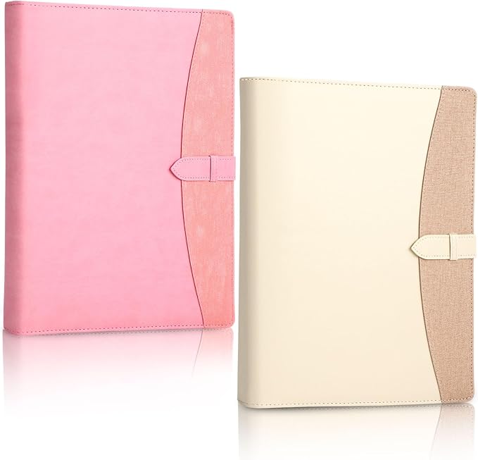 Eersida 2 Pcs 2 Pcs Padfolio 3 Ring Leather Binder Business Portfolio Folder A4/Letter Size Back to School for Organizer Documents Business Cards Conference Office Gifts for Men or Women (Pink,Beige)