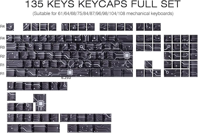 Custom PBT Keycaps, Cool Modern Technology Style Keyboard Key caps(Black) | Tsungup 135 Keys Shine Through Side Print Keycap Set, Cherry Profile for Cherry MX Switches Mechanical Keyboard