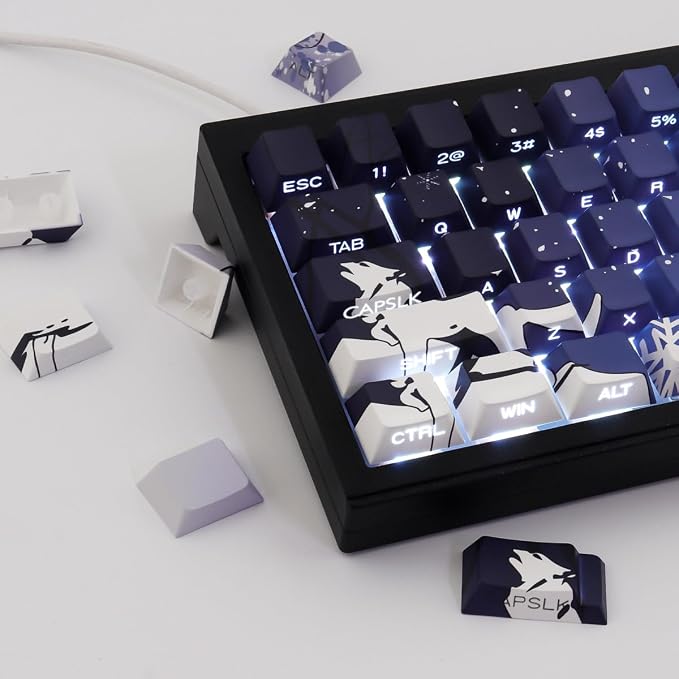 Sunzit Keycaps - Side Print Keycaps 75 Percent, Shine Through Custom Key caps, Japanese PBT Keycap Set Dye Sub, Double Shot, 131 Keys Cherry Profile Keyboard Keycap for Mechanical Keyboard, Snow Wolf