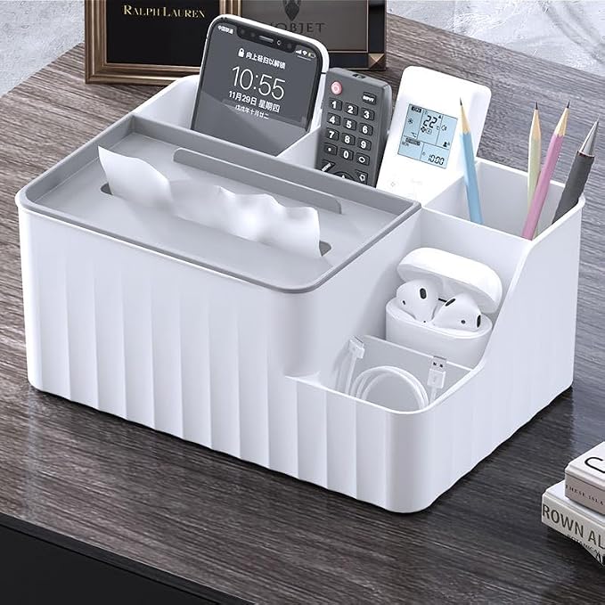 Modern Desktop Tissue Box Organizer with Phone Stand, Pencil Holder, White, Multi-Compartment Storage for Office, Makeup, Stationery (White)