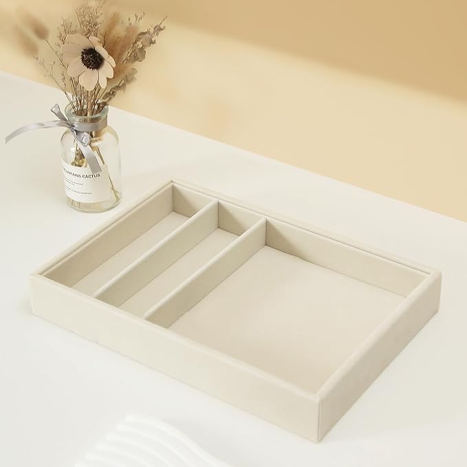Bedside Organizer - Multi-use Nightstand & Desk-top Catchall Tray for Jewelry, Sunglasses, Phone, Watch, Perfume, Lipstick (Beige 3Grid)