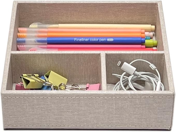 UnionBasic Flat 3-Slot Small Desk Drawer Tray Stationery Sundries Gadget Organizer Storage Box Business Card Holder Key Container, Beige Square
