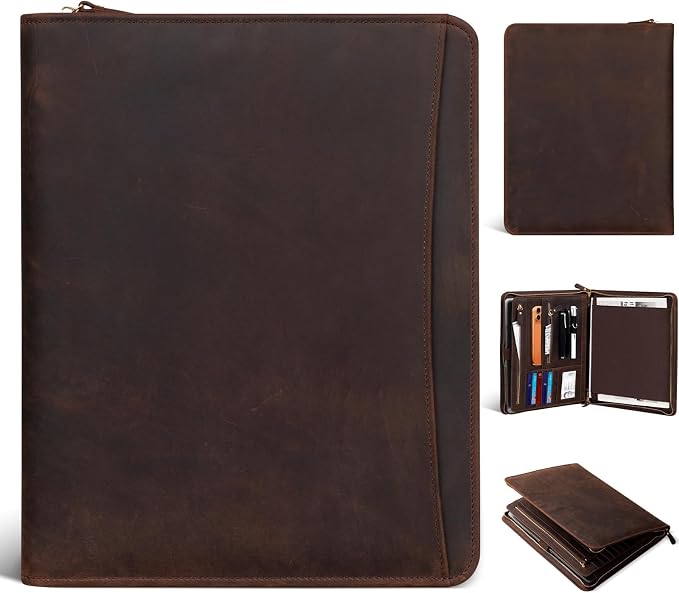 Gexmil Leather Portfolio Organizer for Women Men, Business Padfolio Folder with Zipper, Full Grain Leather,Interview Legal Document File Resume Organizer, A4 Writing Notepad Padfolio, Dark Brown