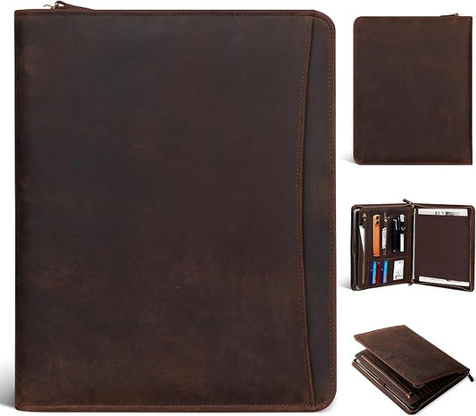 Gexmil Leather Portfolio Organizer for Women Men, Business Padfolio Folder with Zipper, Full Grain Leather,Interview Legal Document File Resume Organizer, A4 Writing Notepad Padfolio, Dark Brown