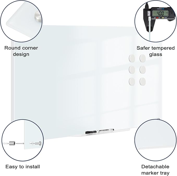 Magnetic Glass Whiteboard, 4' x 3', Frameless Wall Mount, Normal White | 48" x 36", Large Glass Dry Erase Board for Wall, Includes 1 Marker Tray, 6 Magnets, White Board for Office, Home, Classroom