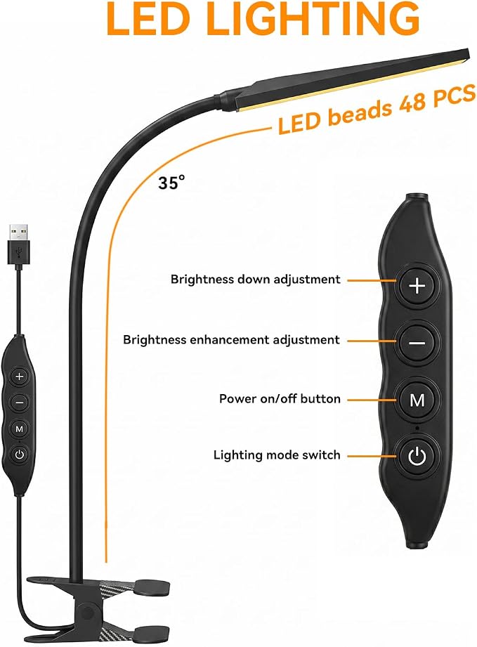 Eye-Caring Adjustable LED Reading Clamp Desk Lamp with 48 LEDs Flexible Neck, 3 Color Modes & 11 Brightness Levels for Office Bedroom Study (Black)