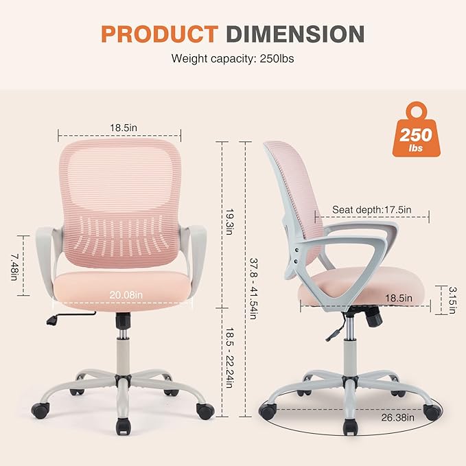 Sweetcrispy Home Office Managerial Executive Chair with Ergonomic Design, Mid-Back Mesh Swivel, Comfortable Lumbar Support, Comfy Arms for Bedroom,Study,Student