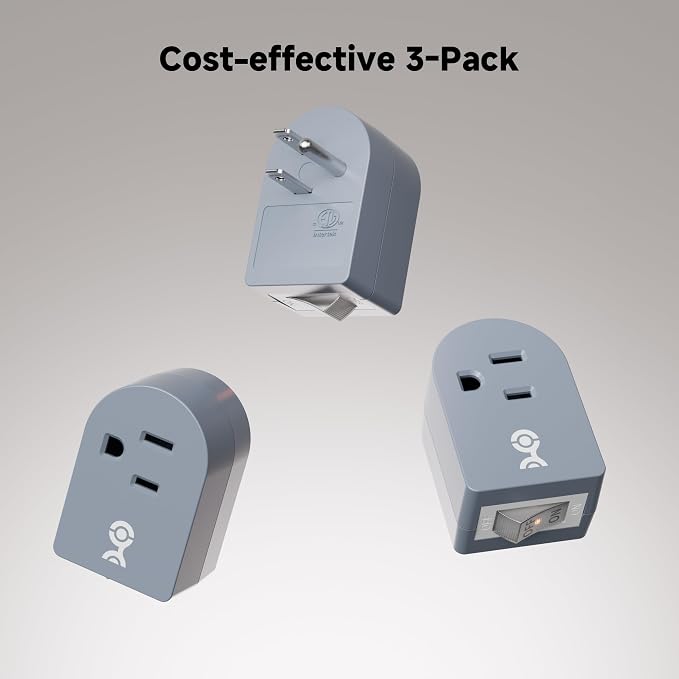 Cable Matters [ETL Listed] 3-Pack Grounded Outlet Switch with On Off, Plug Switch On Off, Single Outlet Adapter, Gray