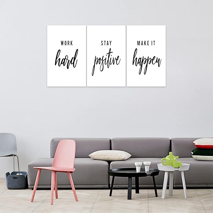 3 Piece Inspirational Wall Art, White Motivational Mindset Picture, Quote Work Stay Make It Canvas Print for Office Decor, Triptych Entrepreneur Poster Framed Artwork for Gym Wall Decor (48" Wx24 H)