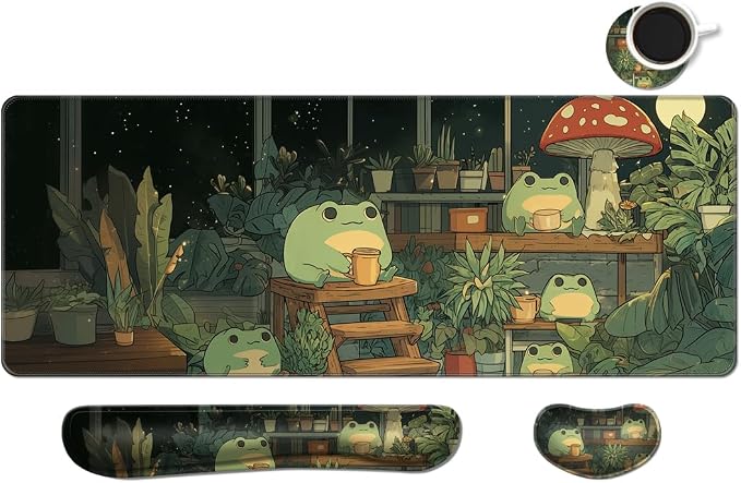 Desk Mat, Large Gaming Mouse Pad with Wrist Rest, 4 in1 XXL Mouse pad+Keyboard Wrist Rest+Mouse Pad Wrist Support+Cup Coaster Set, Ergonomic Desk Pad for Home Office,Cute Frog