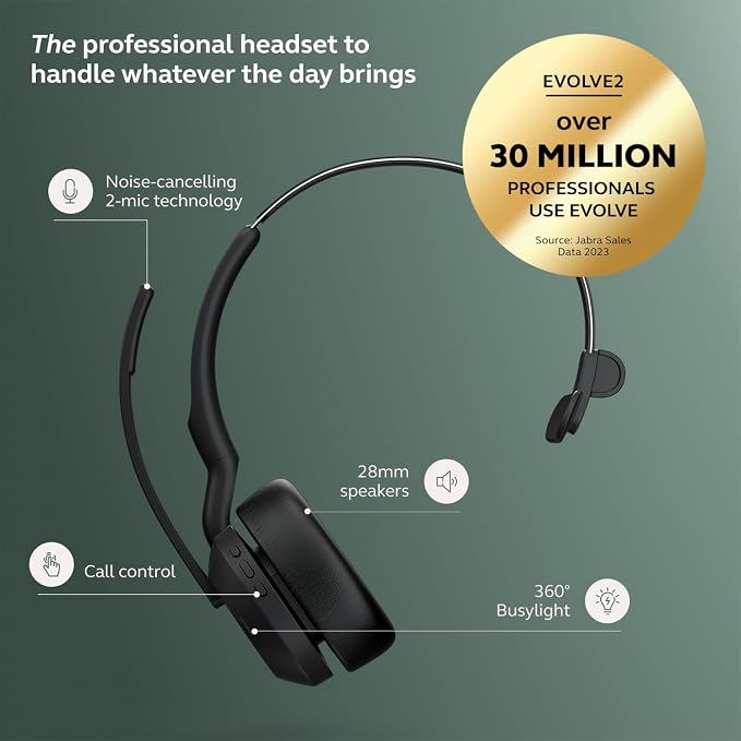 Jabra Evolve2 55 Mono Wireless Headset - Features AirComfort Technology, Noise-Cancelling Mics & Active Noise Cancellation - MS Teams Certified, Works with Other Platforms - Black