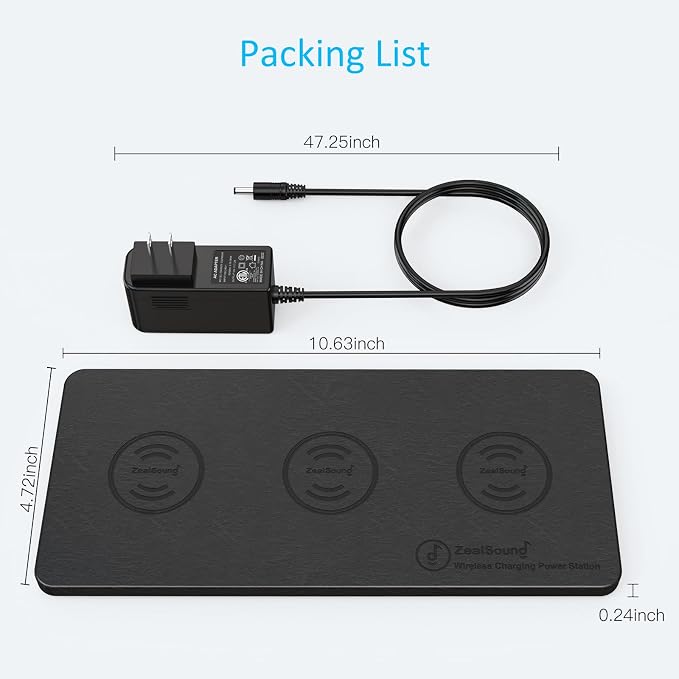 ZealSound Wireless Charging Pad, 3 in 1 Charger Mat for iPhone, Samsung Galaxy, Pixel, AirPods & Galaxy Buds, 24W Adapter Included, Ultra Slim, Case Friendly, PU Leather, for Home Office & Travel
