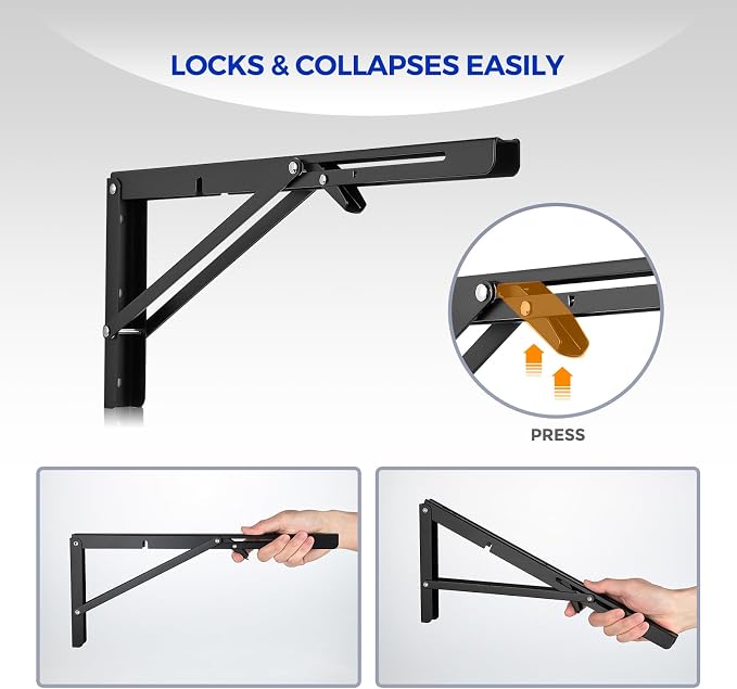 Ravinte 2 Pack 24 Inch Folding Shelf Brackets – Matte Black, Heavy Duty Collapsible Brackets for Tables and Benches – Space-Saving Design
