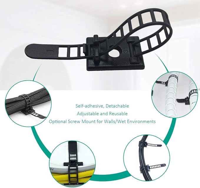 25 Pieces Desk Wire Organizer Cable Ties Zip Ties Adhesive Cord Clips Cable Management Cord Keeper Desk Wire Management | Compact 25-pack for desks, entertainment centers, and small home cable setups; adjustable nylon straps release for reuse.