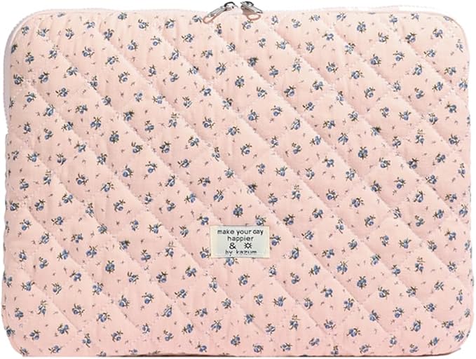 Cute Laptop Sleeve 13-15 inch Laptop Case Aesthetic Quilted Laptop Sleeve Computer Bag with Flower Printing for MacBook (A-Pink, 15inch)