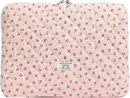 Cute Laptop Sleeve 13-15 inch Laptop Case Aesthetic Quilted Laptop Sleeve Computer Bag with Flower Printing for MacBook (A-Pink, 15inch)