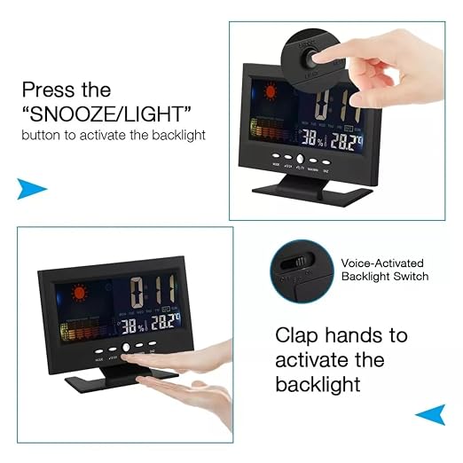 ikaufen Weather Station Wireless Indoor Thermometer Temperature Desk Digital Alarm Clock Weather Thermometer LED Temperature Humidity Monitor