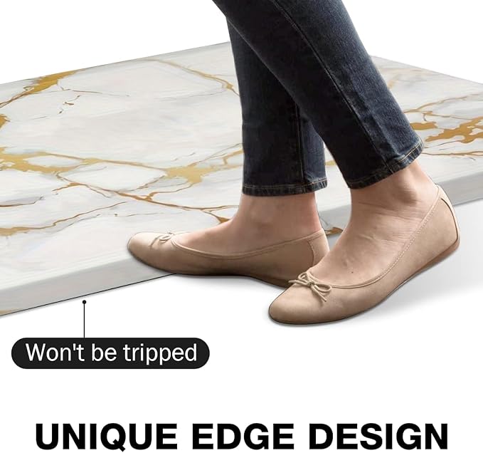 MAYHMYO Kitchen Mats Cushioned Anti Fatigue 0.47" Thick, White and Gold Marble Kitchen Rug Floor Mat, Non Slip Waterproof Modern Comfort Standing Mat for Home, Office, Sink