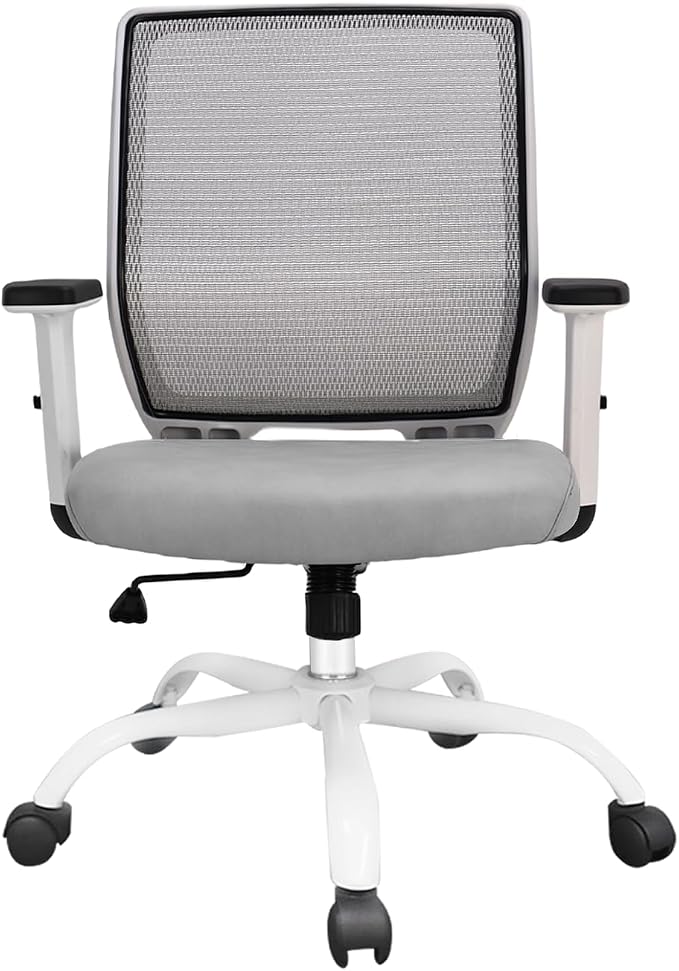 Ergonomic Office Chair Home Mesh Desk Chair with Adjustable Arms - Mid Back Computer Chairs for Adults - Swivel Task Chair Comfortable for Home Office (White &Grey)