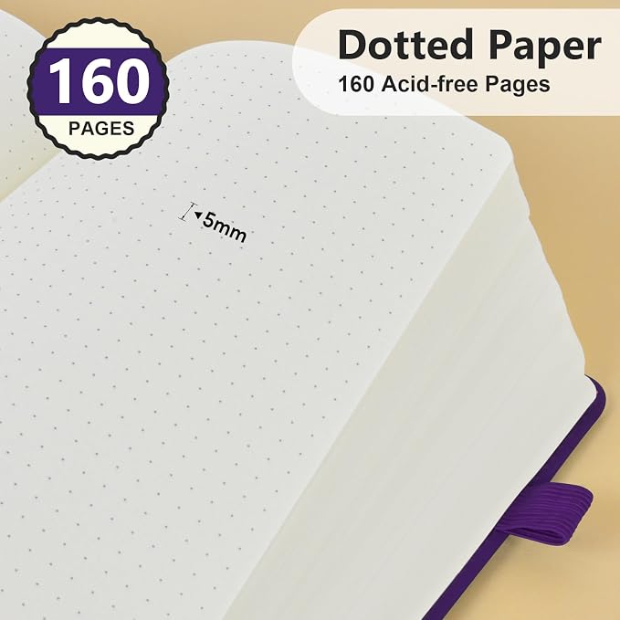 PERCUN Dotted Journal Notebook for Men & Women, 160 Pages Dot Grid notebook, A5 Hardcover Leather Bullet Journaling for Writing, Work, School, Travel, Daily Diary 5.9" x 8.5" (Purple)