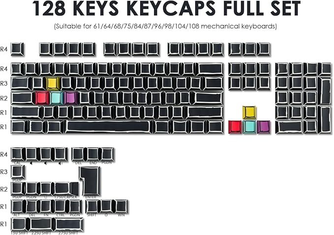 Tsungup Custom Keycaps-Side Print Keycap Set,PBT Shine Through Cool Retro Keycaps 75 Percent,128 Keys Dye Sub Cherry Profile Keyboard Key caps for Cherry MX Mechanical Keyboard-Sketch Black Keycap
