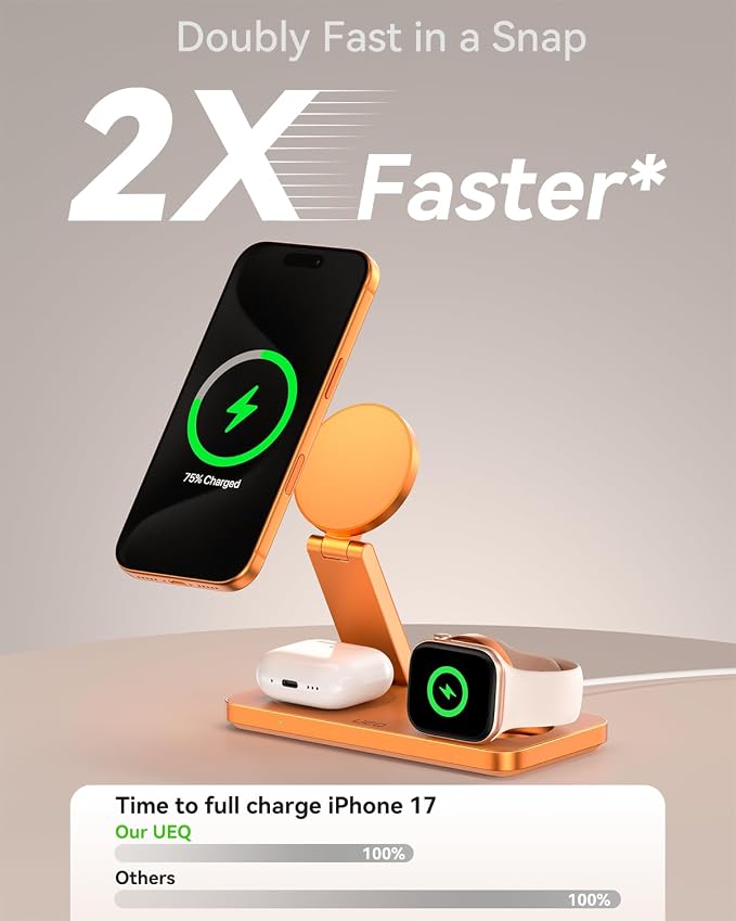 UEQ Foldable 3 in 1 Wireless Charging Station for Apple Mag Safe Charger Stand,Fast Magnetic Wireless Charger Station for iPhone 17 Air 16 15 14 13 12 Series,Airpods Pro,Apple Watch Ultra (Orange)