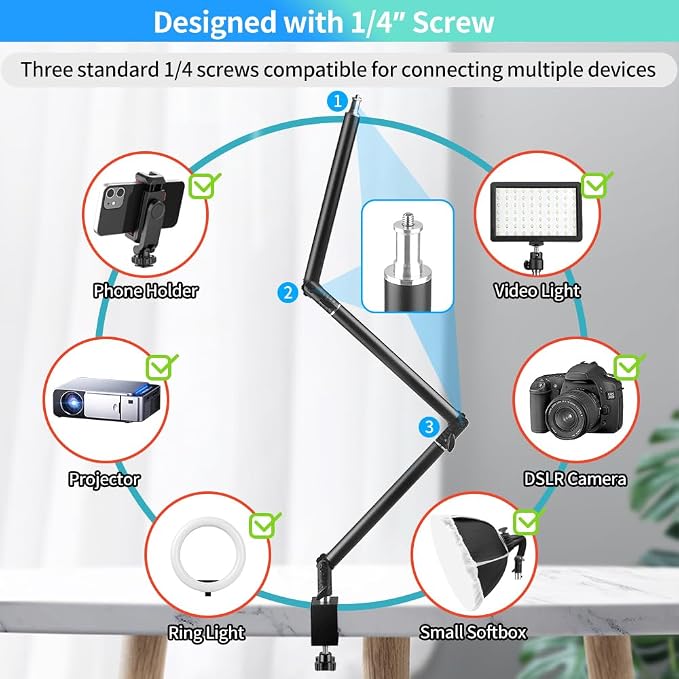 Heavy Duty Overhead Camera Desk Mount Stand 14.5"-41" with 1/4" Screw, 3-Section 360°Rotatable Detachable Articulating Boom Arm with Enlarged Handle C Clamp, Tabletop Light Stand for Streaming Vlog