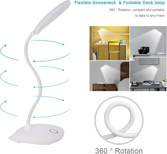 DEEPLITE LED Desk Lamp Small Battery Powered Lamp Cordless Rechargeable Table Lamp, Flexible Portable Desk Light for Craft Study Home Office Dorm, Eye-Caring Wireless Dimmable Book Lamp for Reading
