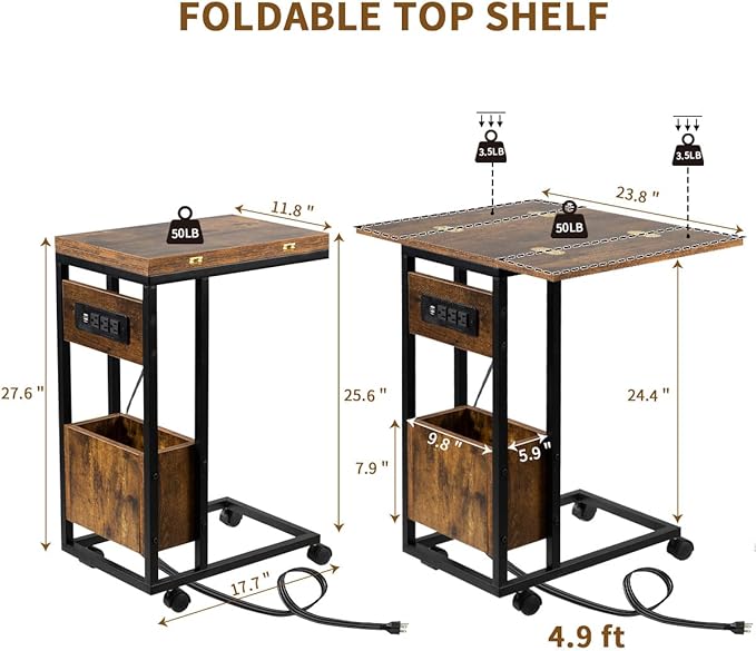 Hadulcet C Shaped End Table with Charging Station & Foldable Tabletop, Folding TV Tray Table with Storage, Laptop Table for Couch, C Table for Sofa, Living Room Bedroom Small Spaces, Rustic Brown