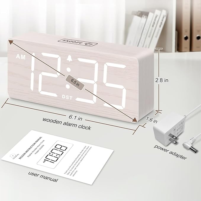DreamSky Wooden Digital Alarm Clock for Bedroom with Large Numbers | Desk Clock for Living Room Office, Loud Alarm for Heavy Sleepers Adults, Volume Control, Dimmer, DST, Wood Decor (Plug-in)