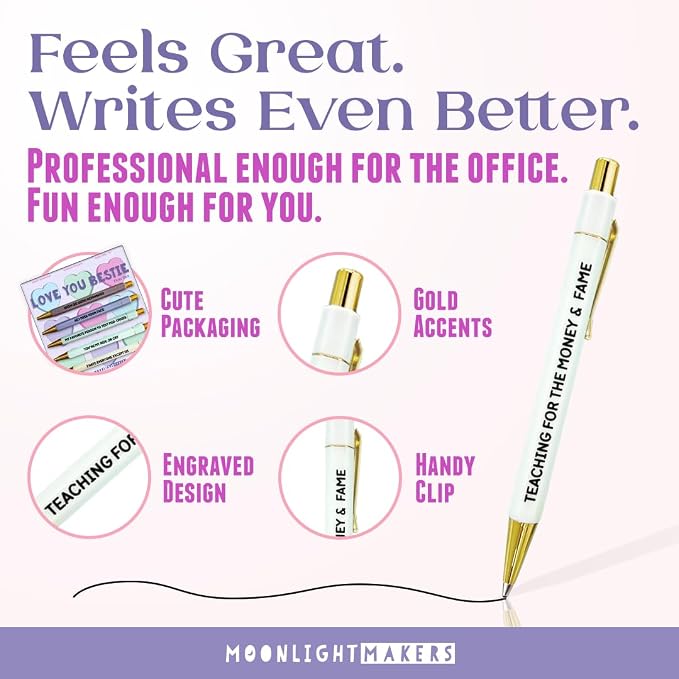 Moonlight Makers - Set of 5 Ballpoint Pens Black Ink - Engraved Funny Pens for Adults - Love You Bestie Appreciation Adult Gifts - Ideal Desk Decor for Work & Office Desk - Cute Packaging, Handy Clips