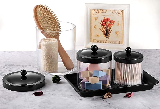 SheeChung Metal Vanity Tray, Bathroom Counter Storage Tray, Black 4 Pack | Sturdy Decorative Tray Holder, Farmhouse Vintage Decor Accessories for Perfume, Cosmetics, Jewelry, Makeup, Guest Hand Towel