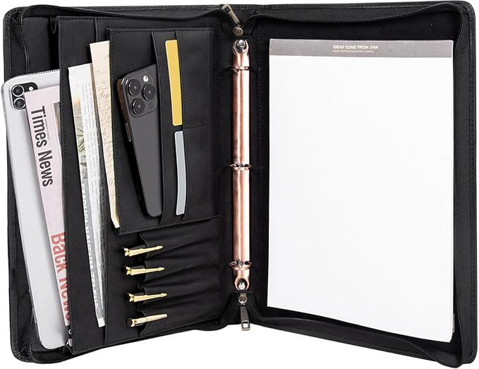 AZXCG Genuine Leather Portfolio Binder for Men& Women,Portfolio Organizer with Zipper,Leather 3 Ring Binder for iPad Pro 12.9,Business Portfolio for Men,Gift for Father's Day