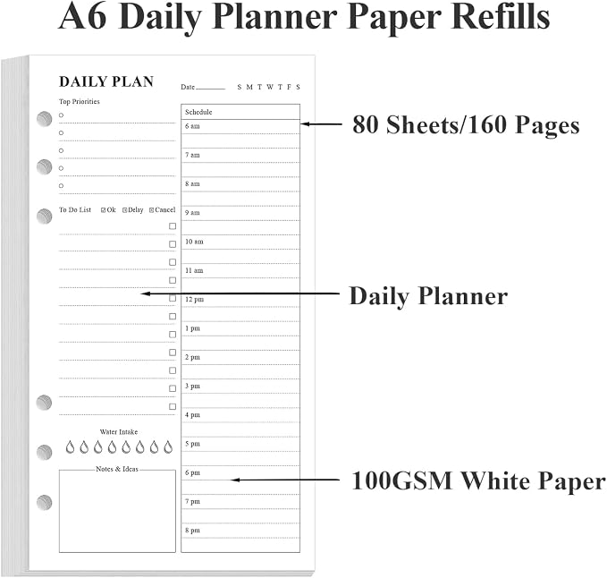 (2-Pack) A6 Undated Daily Planner Refill - To Do List for Filofax Personal Binders, 160 Sheets/320 Pages Planner and Lined Refill, 6-Hole Punched, 3.75" x 6.75"