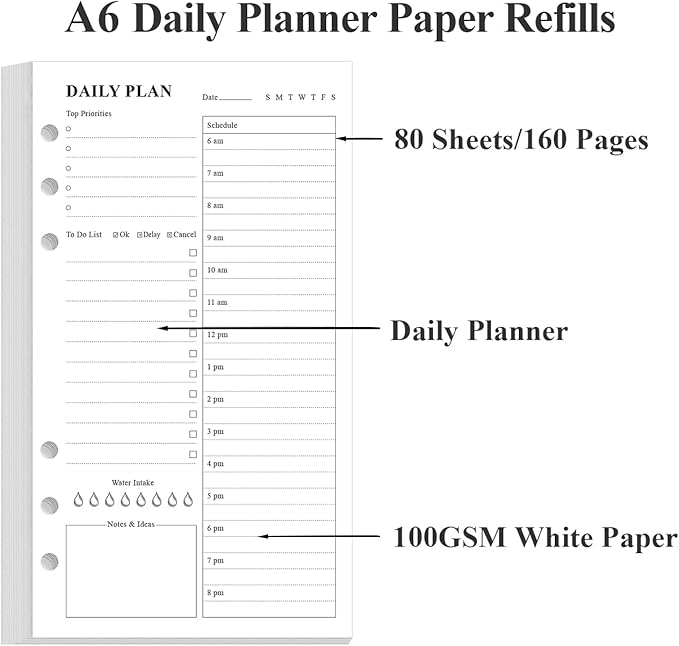 (2-Pack) A6 Undated Daily Planner Refill - To Do List for Filofax Personal Binders, 160 Sheets/320 Pages Planner and Lined Refill, 6-Hole Punched, 3.75" x 6.75"