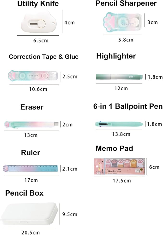 MOZXIRZ 9 Pcs Cute Green Stationery Set Cat Paw School Supplies Kawaii Office Supplies Including Pens Highlighter Pencil Sharpener Eraser Correction Tape Ruler Sticky Flag Tabs (Gradient Green)