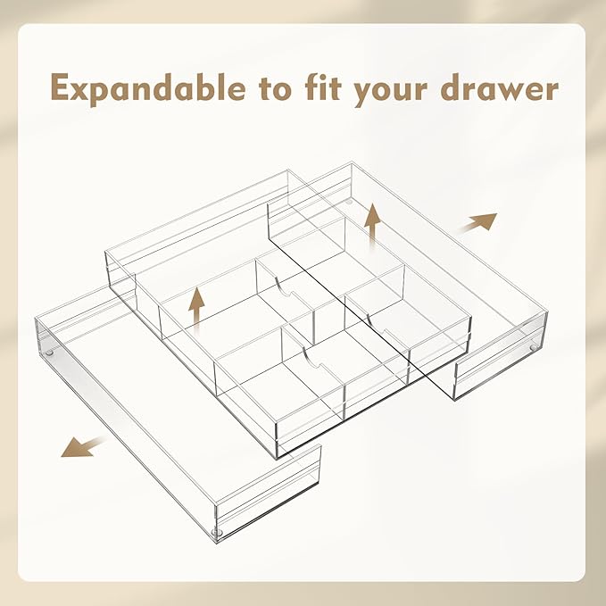 Briwooody 1 Pcs Acrylic Desk Drawer Organizer 9'' up to 18'' x 12'' x 2.1'' Expandable Drawer Organizer Trays with 8 Adjustable Compartments Clear Desk Accessories for Makeup Office Bathroom